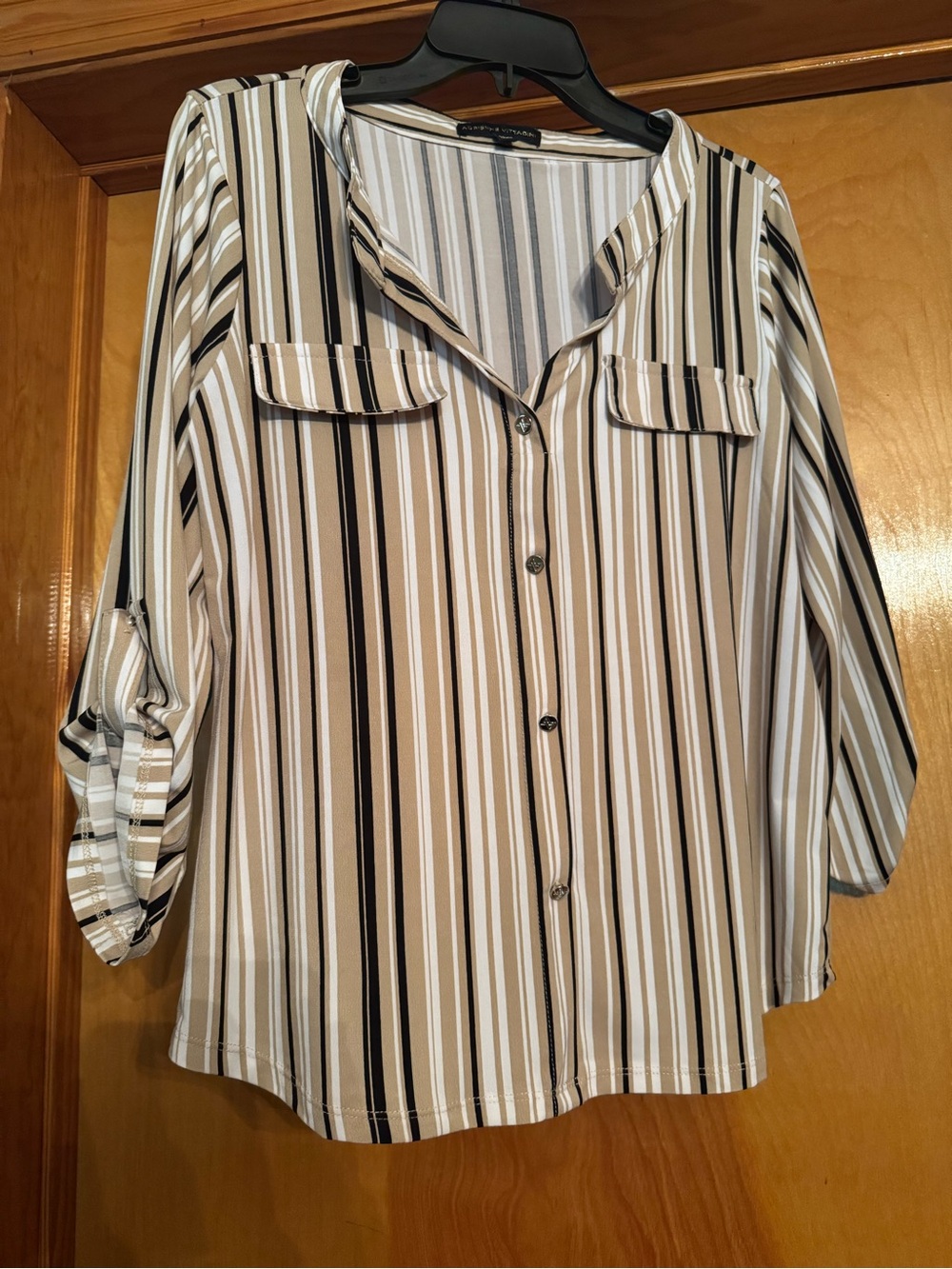 Striped Button-Front Women’s Blouse in Beige and Black - Lightweight